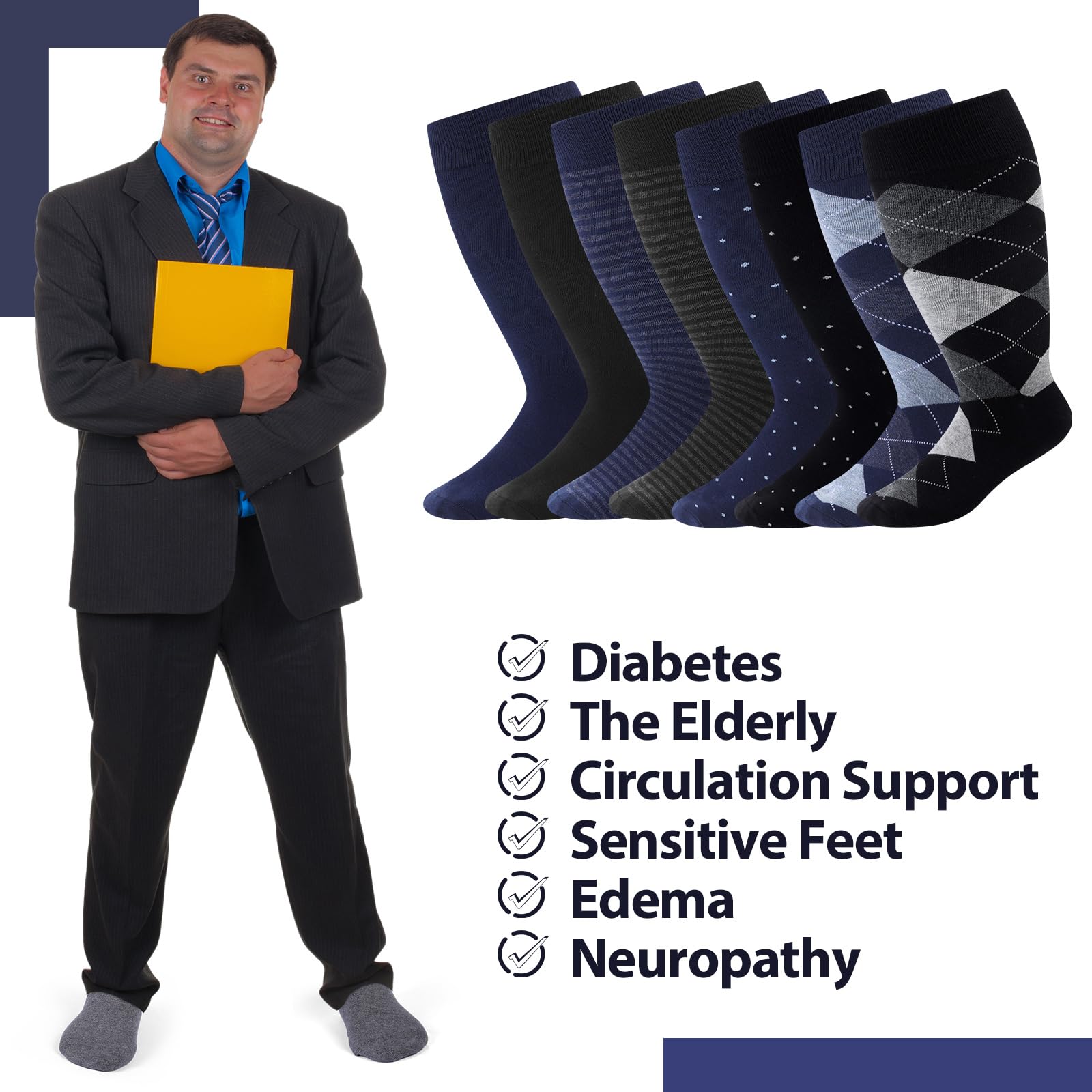 Twistover socks in black and navy with classic designs