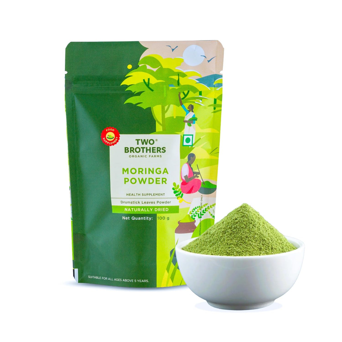 Two Brothers India Farms Moringa powder jar shows a nutrient-dense supplement for smoothies