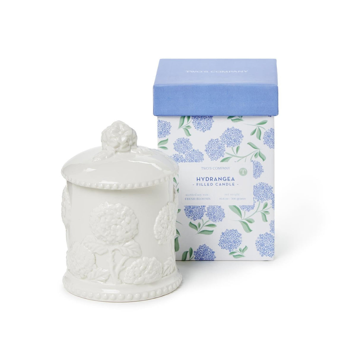 Two's Company hydrangea relief candle in bone porcelain adds refined botanical charm to any space.