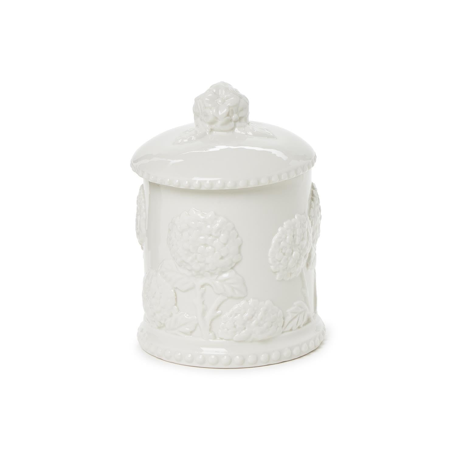 Two's Company hydrangea relief candle, 100% soy wax, promotes a toxin-free ambiance.