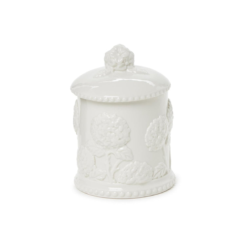 Two's Company hydrangea relief candle, 100% soy wax, promotes a toxin-free ambiance.