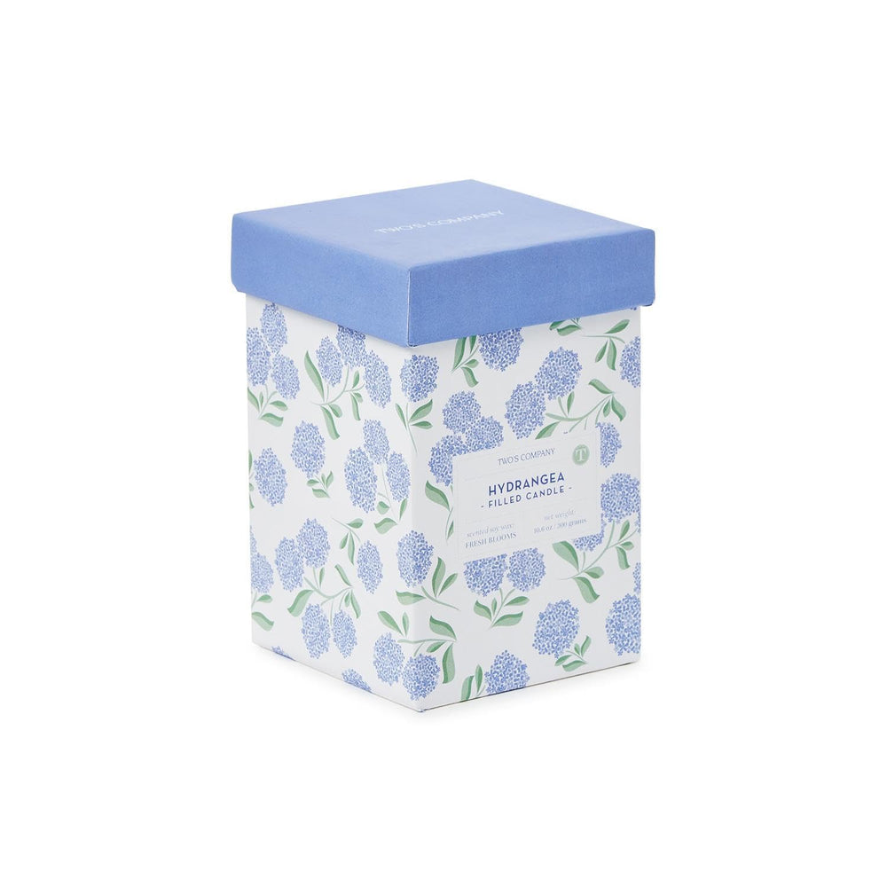 Two's Company hydrangea relief candle, fresh blooms scent, fills rooms with calming aroma.