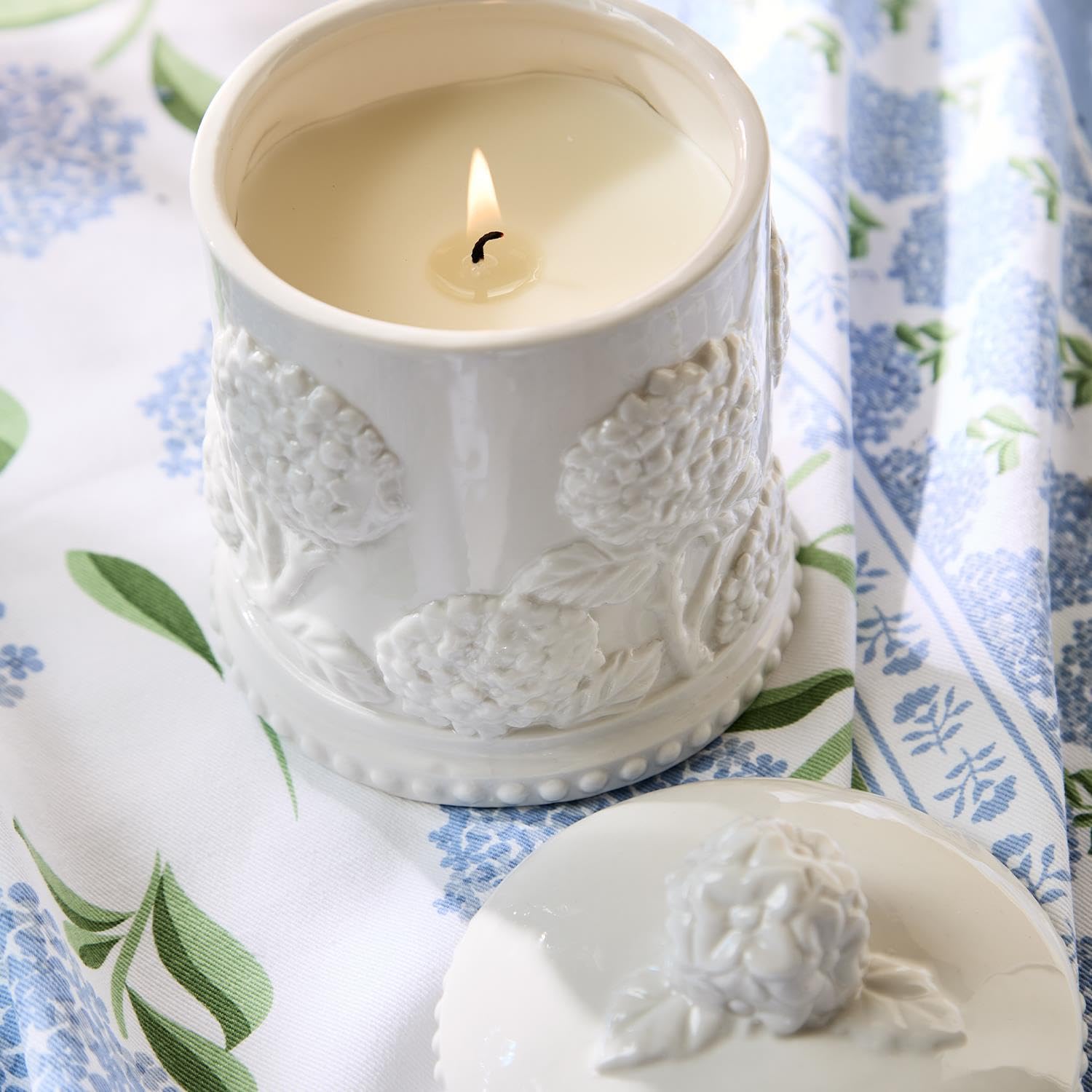 Two's Company hydrangea relief candle gift-ready box ideal for thoughtful gifting.