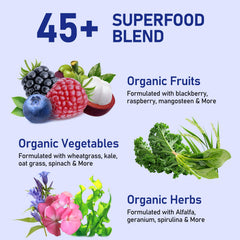 Tyillo ingredients closeup highlights greens such as wheatgrass and spirulina.