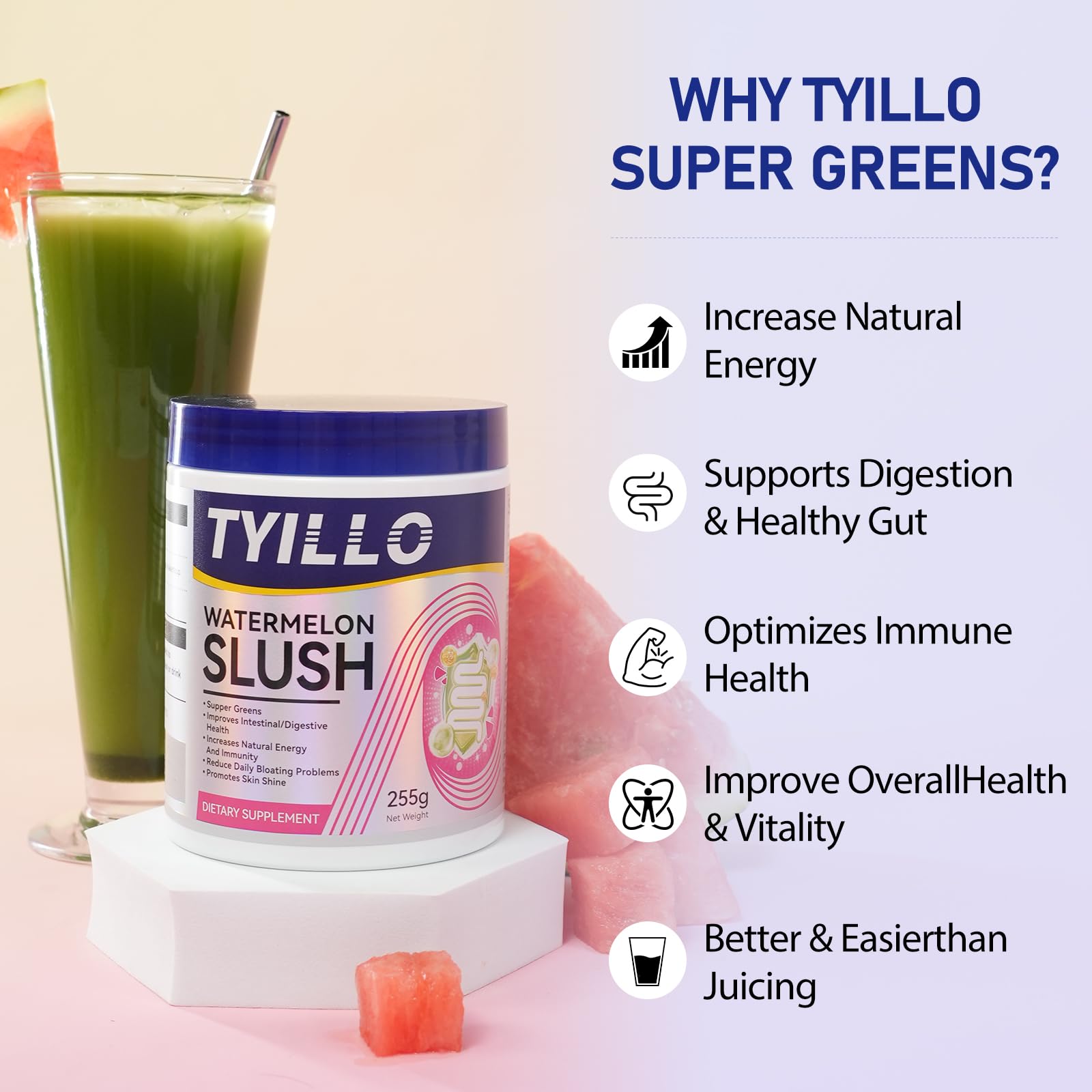 Tyillo Super Greens Powder container open for quick morning mix
