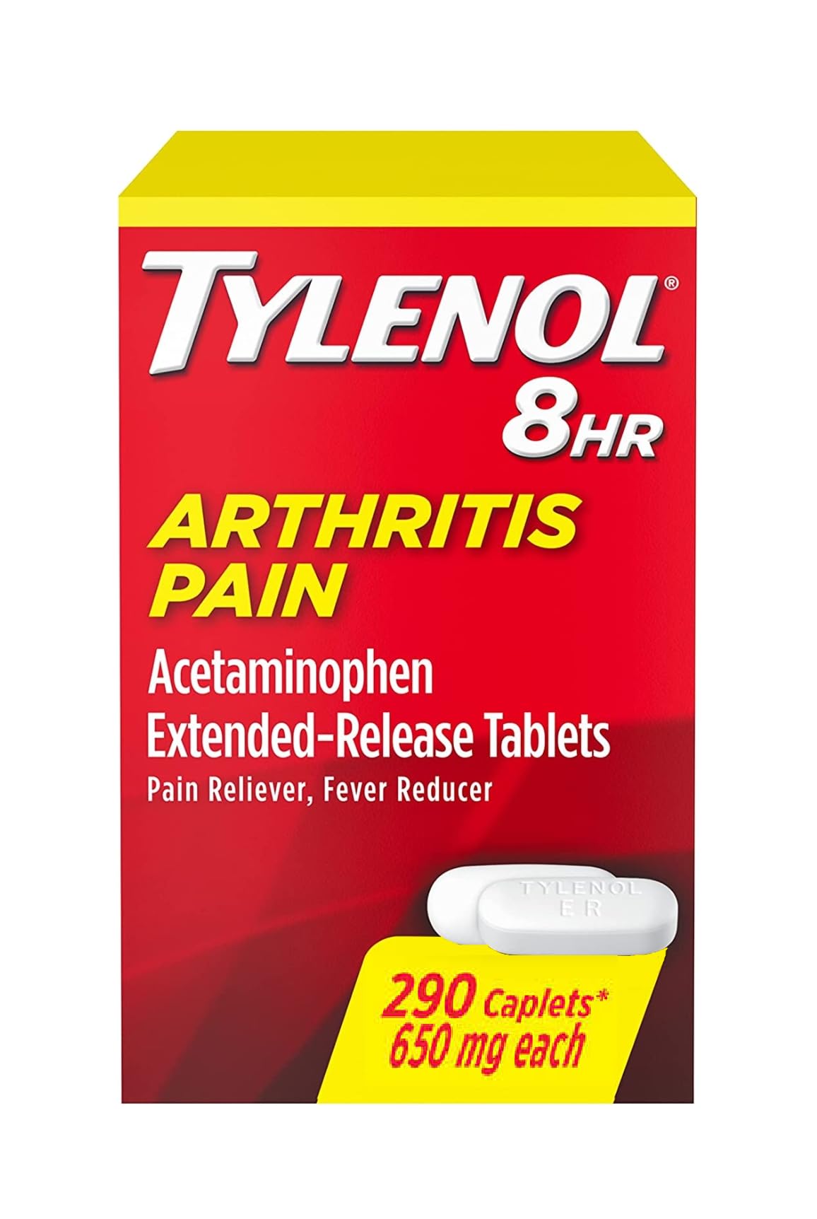 Tylenol Arthritis 650 mg caplets with dosage guidance for adults.