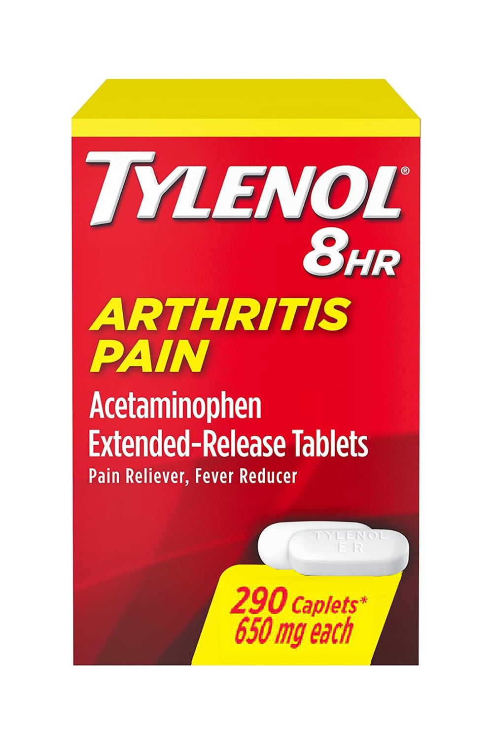 Tylenol Arthritis 650 mg caplets with dosage guidance for adults.