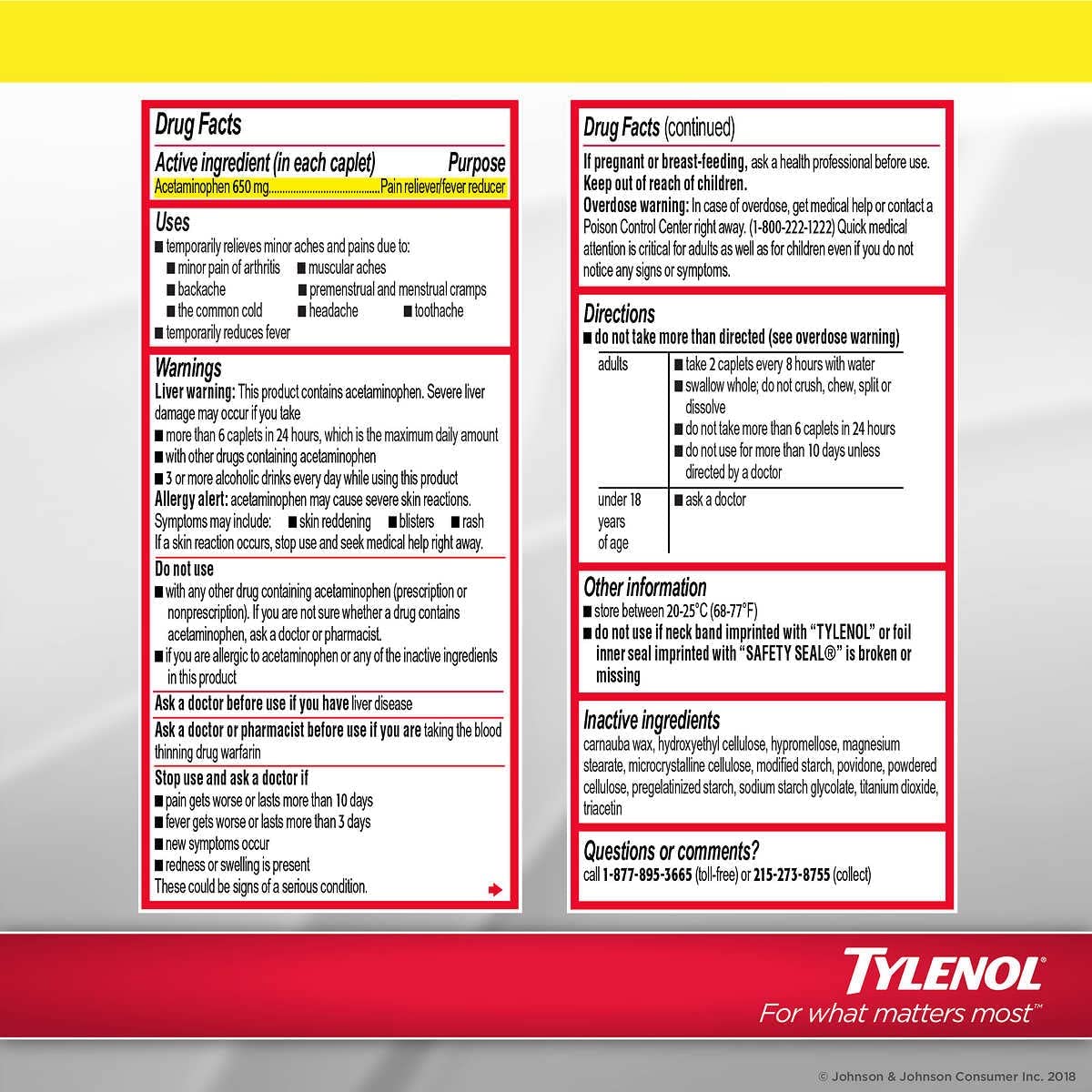 Tylenol Arthritis Pain bottle back label shows dosage details for safe at-home use