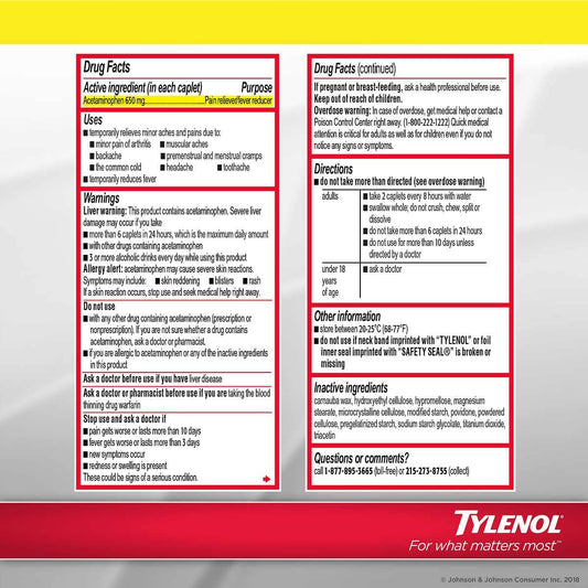 Tylenol Arthritis Pain bottle back label shows dosage details for safe at-home use