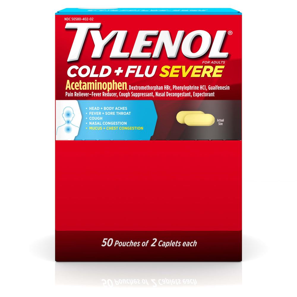 Tylenol Cold Flu Severe caplets packaging front highlights multi-symptom relief options.