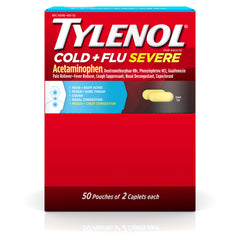 Tylenol Cold Flu Severe caplets packaging front highlights multi-symptom relief options.