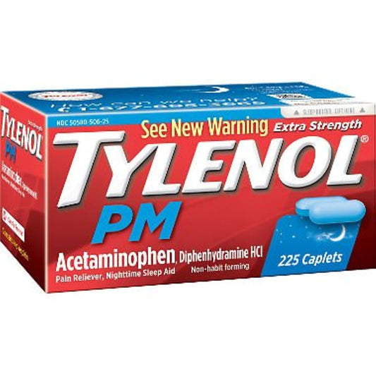 Tylenol PM caplets bottle view showing nighttime relief potential