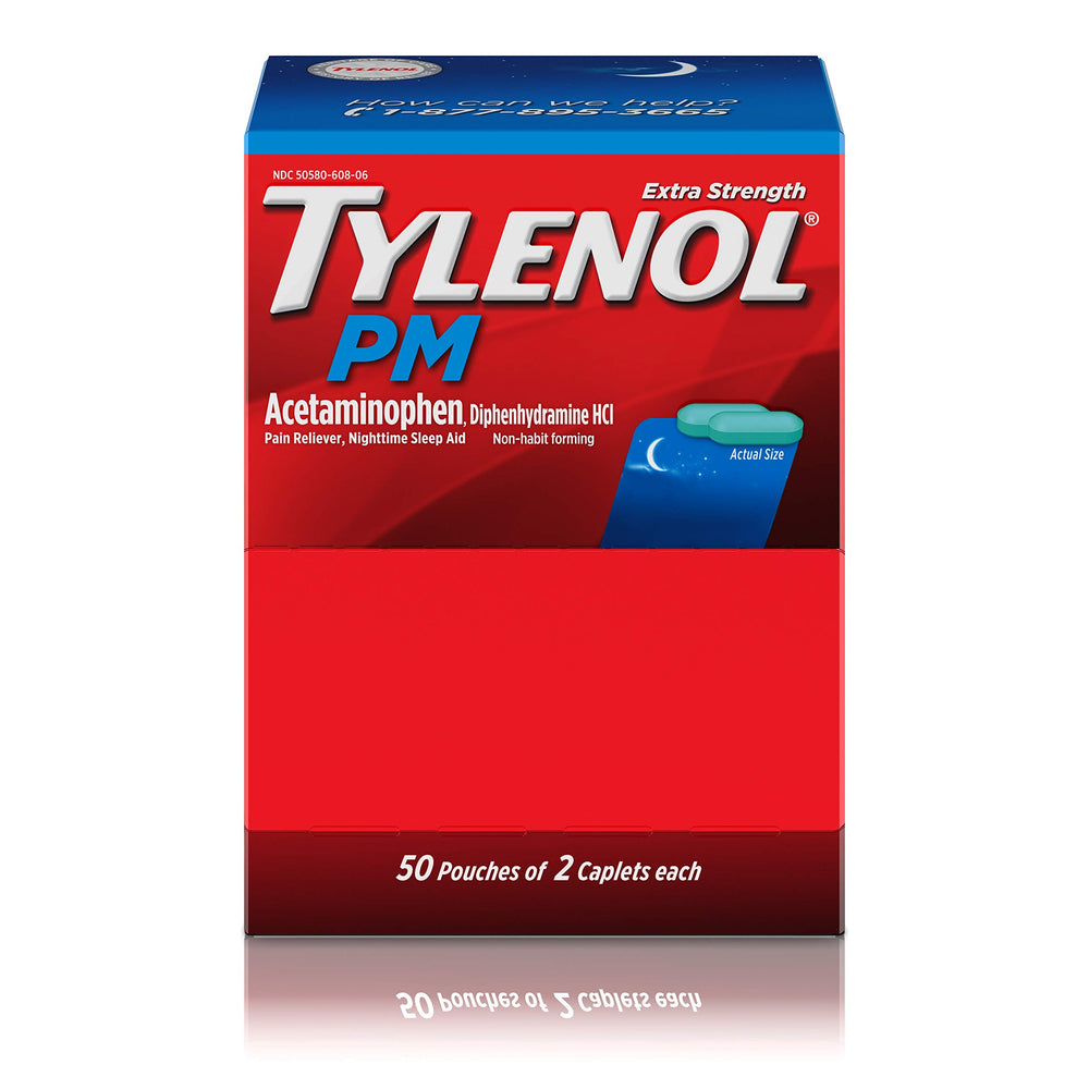 Tylenol PM Extra Strength caplets shown for nighttime pain relief and sleep support.