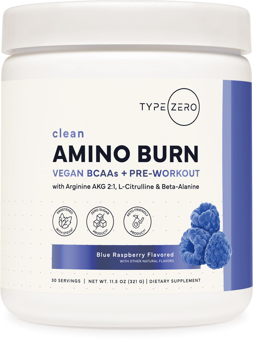 Type Zero Amino Burn blue raspberry tub front showing vegan pre-workout formula