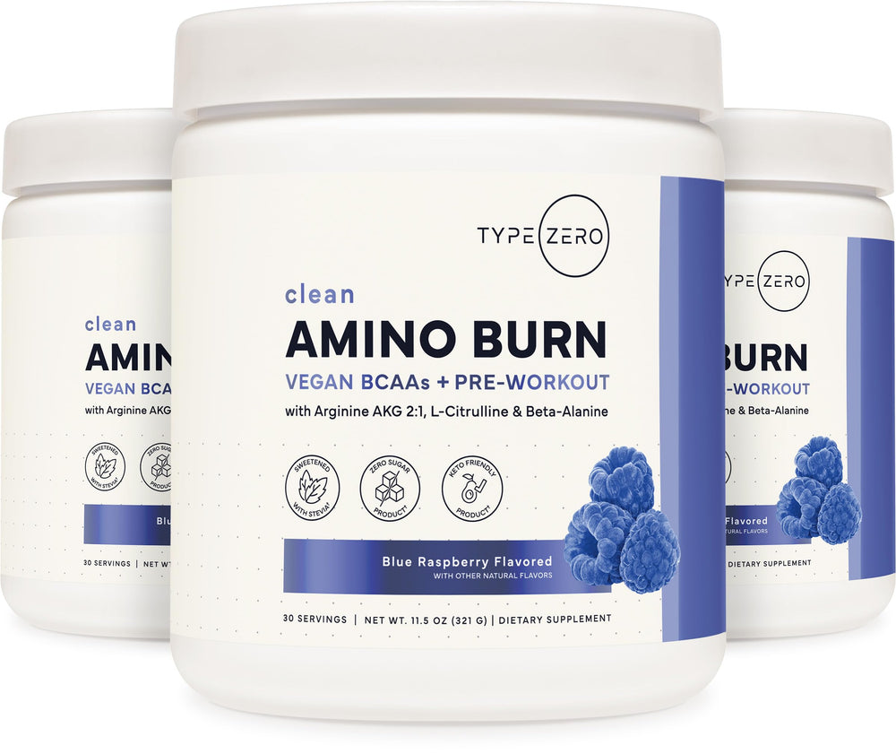 Close-up of Type Zero Amino Burn label emphasizing zero sugar and vegan formula