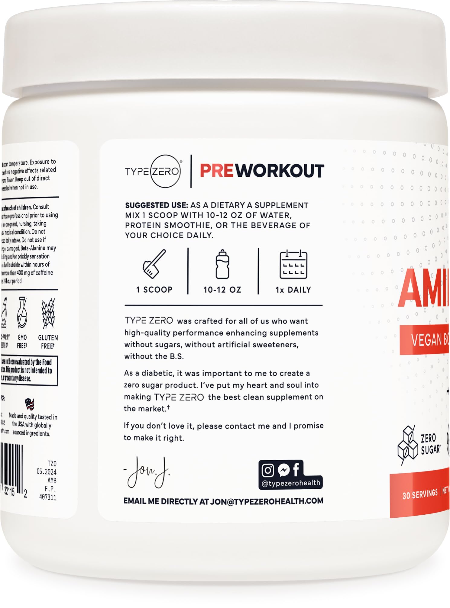 Type Zero AminoBurn bottle close-up showcasing no artificial ingredients