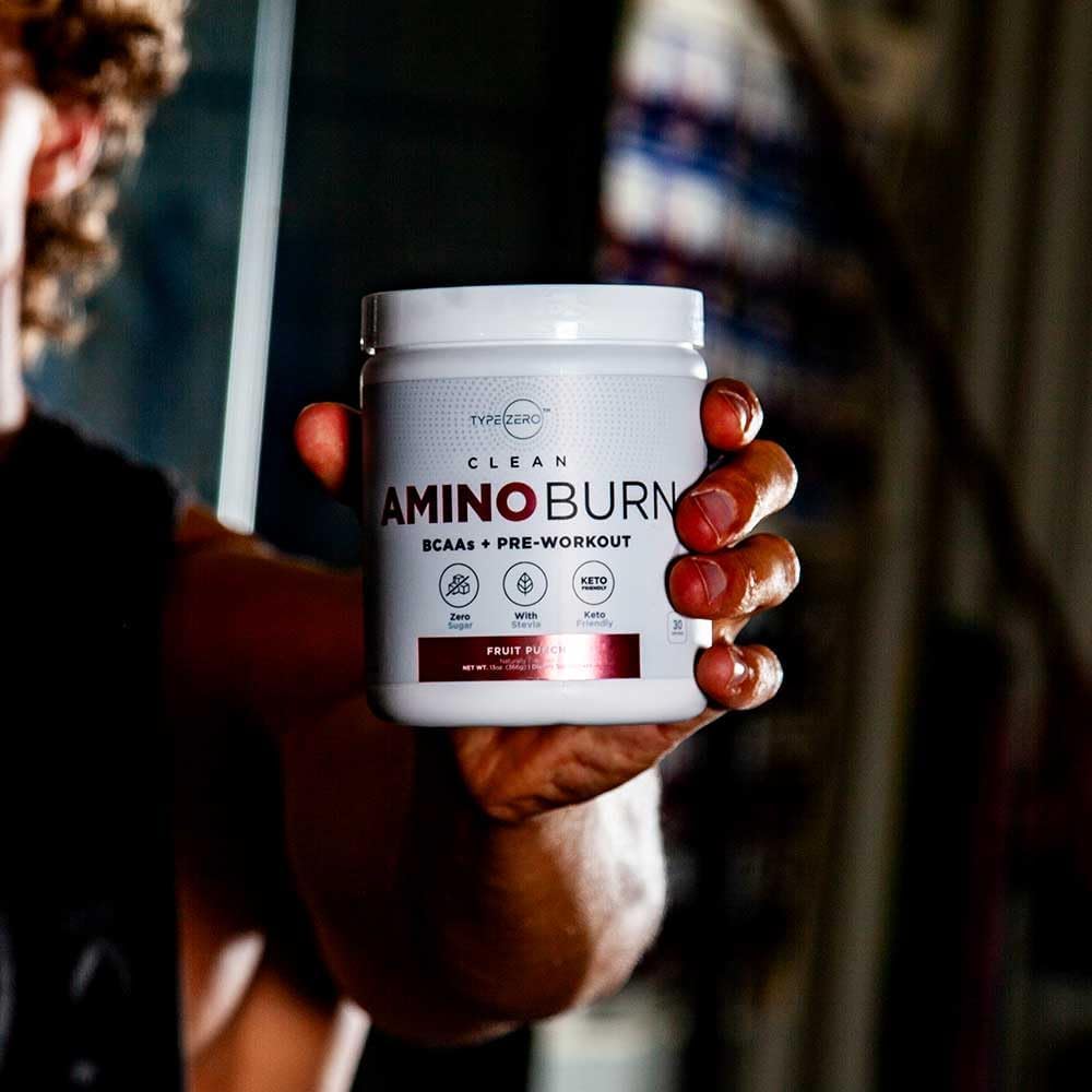 Type Zero AminoBurn ingredient panel emphasizes BCAAs and natural caffeine