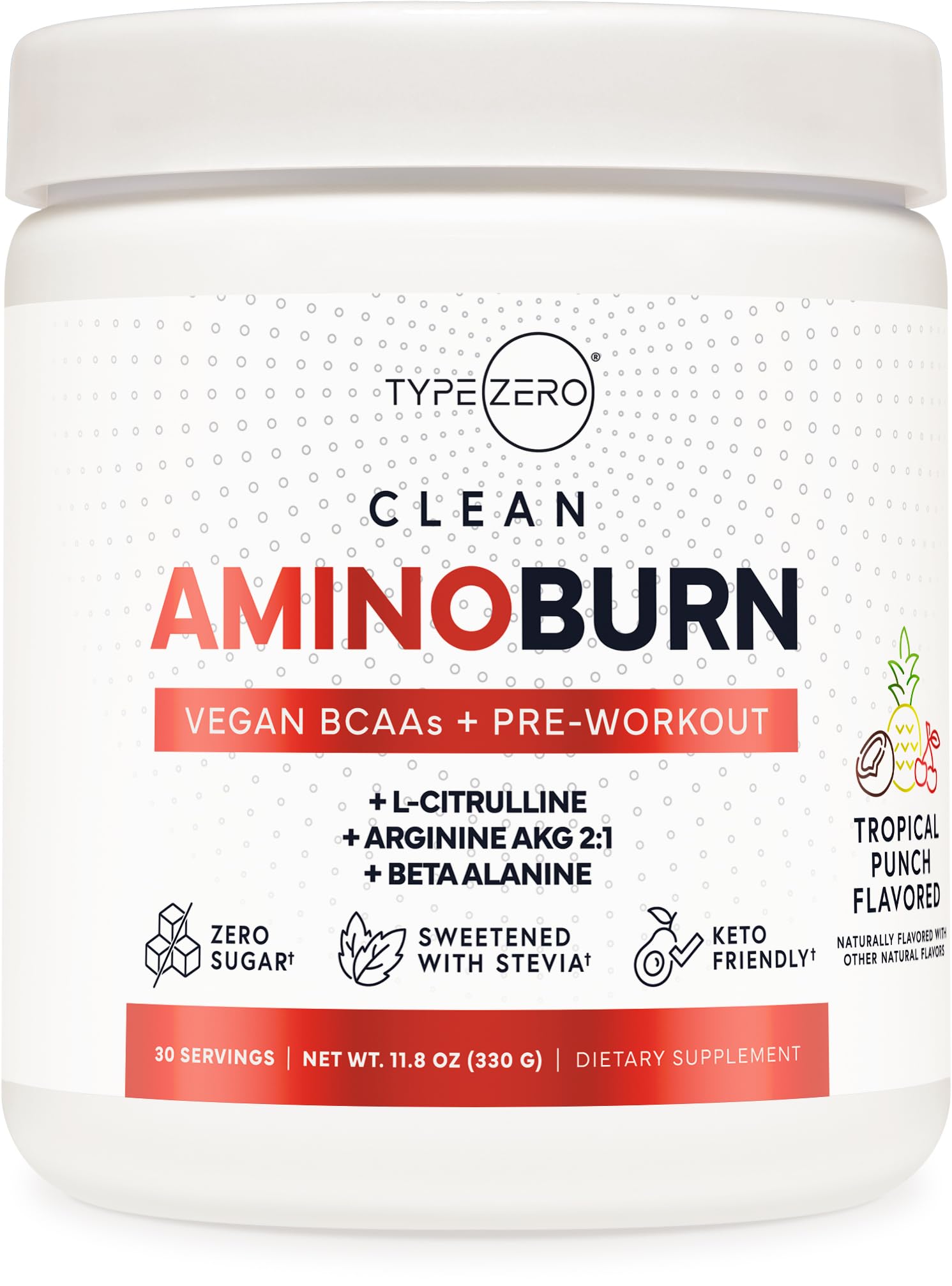 Type Zero AminoBurn tropical punch bottle highlights clean ingredients for a natural pre workout