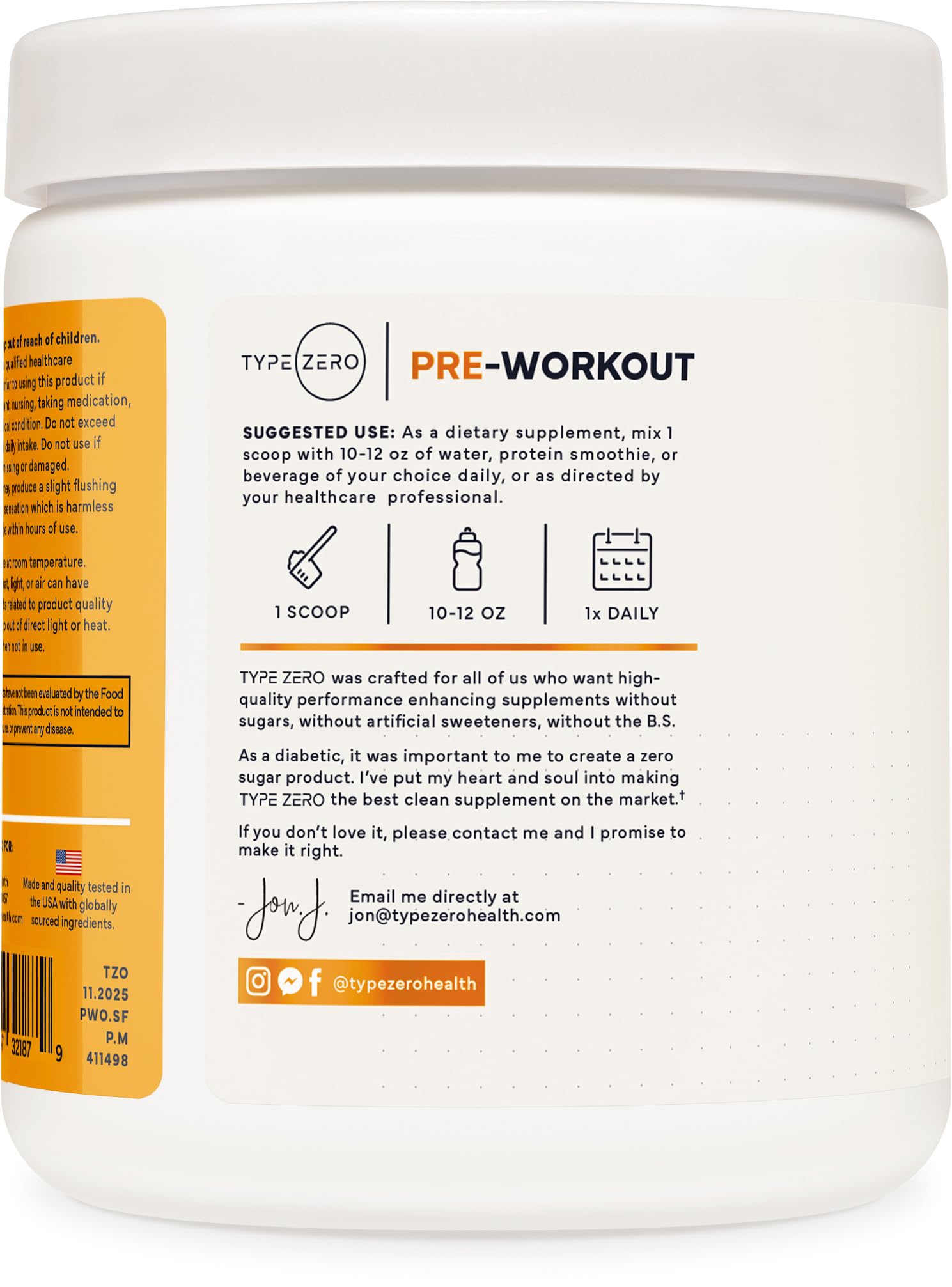 Type Zero bottle label close-up showing nitric oxide ingredients.