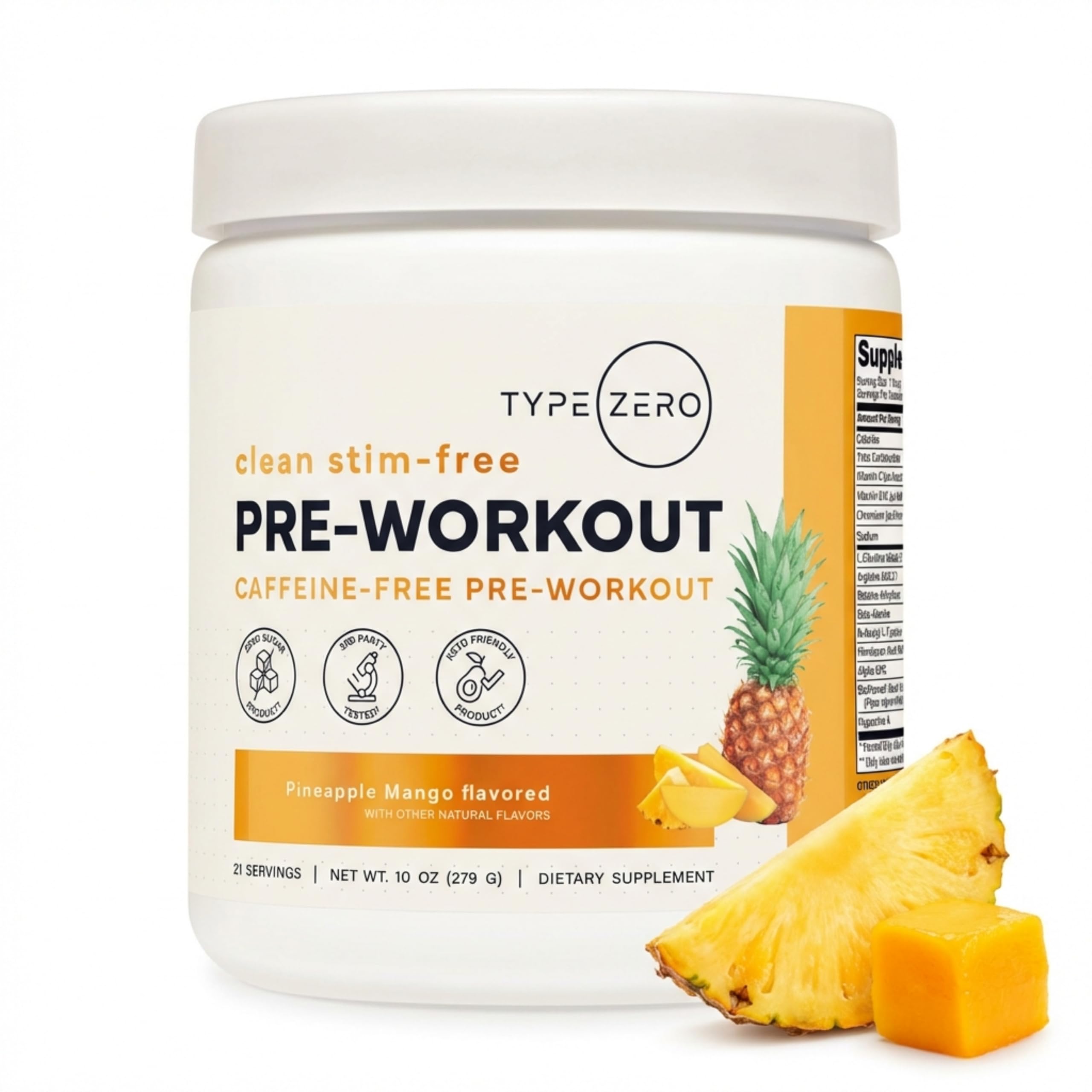 Type Zero bottle close-up showing stimulant-free pre-workout for clean energy.