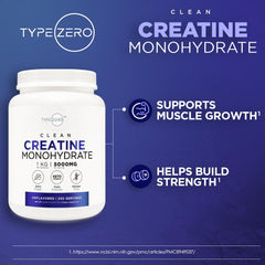 Type Zero Creatine Monohydrate jar beside glass of water ready to mix