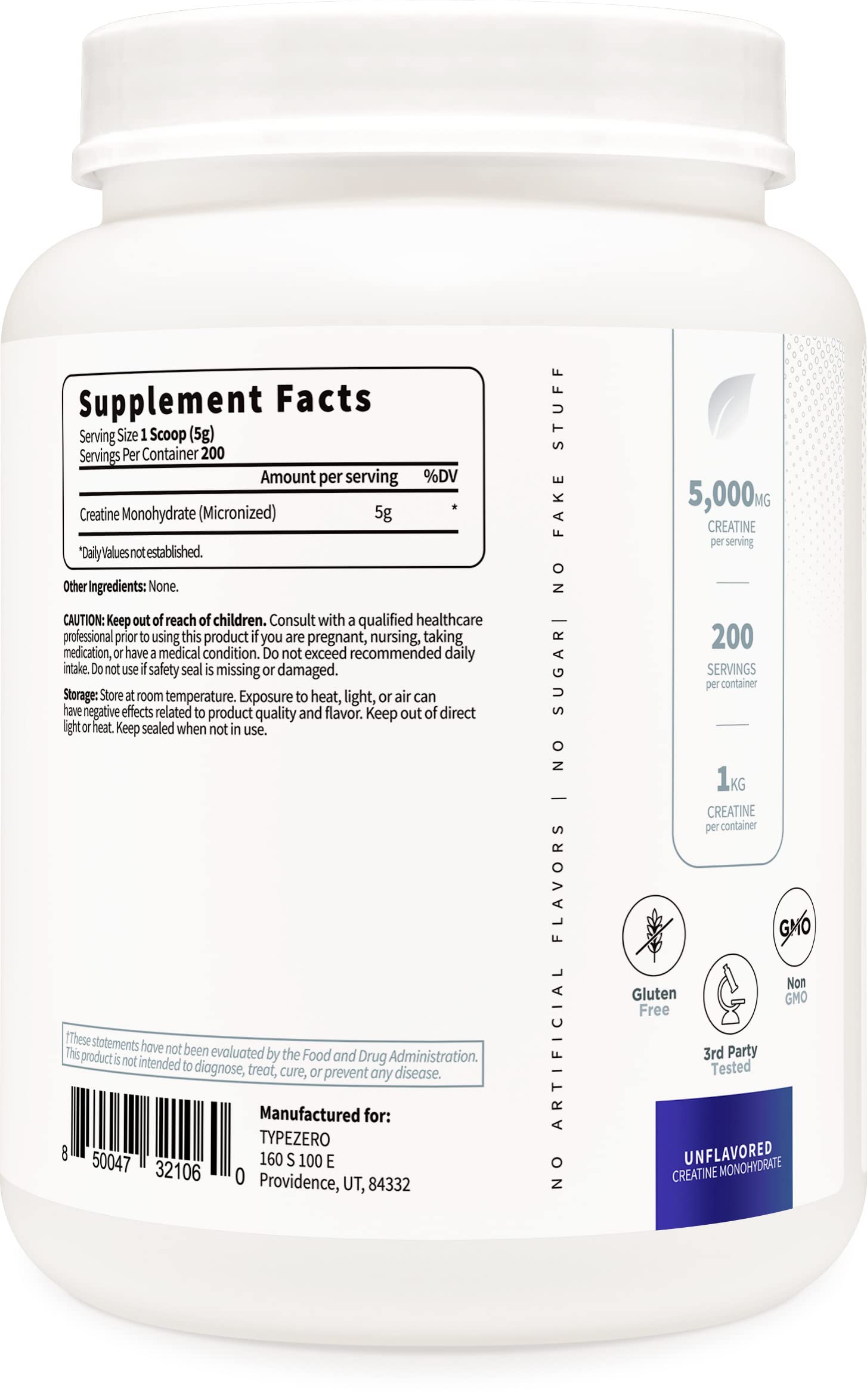 Close-up label shows keto-friendly, gluten-free formula on Type Zero container