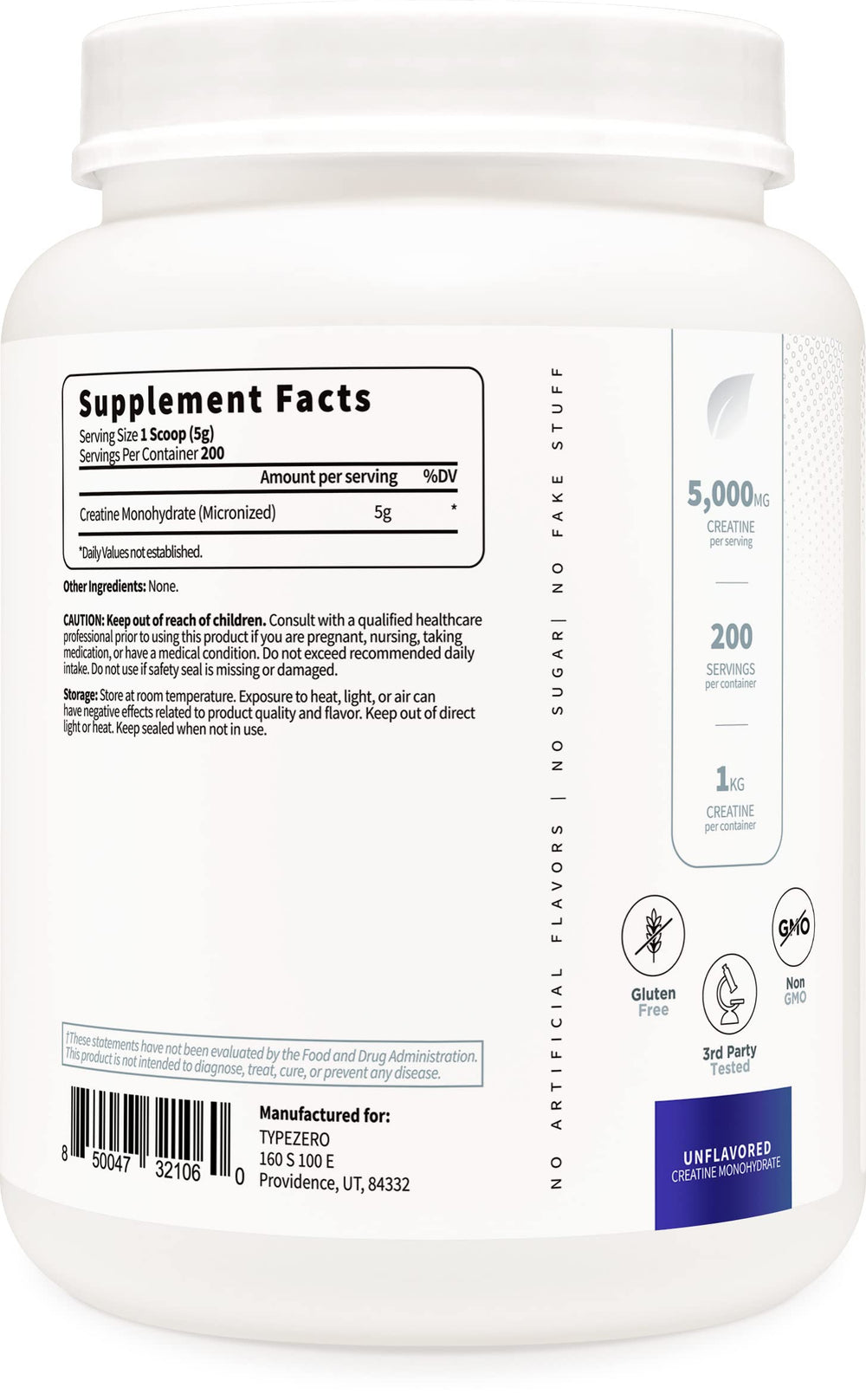 Close-up label shows keto-friendly, gluten-free formula on Type Zero container