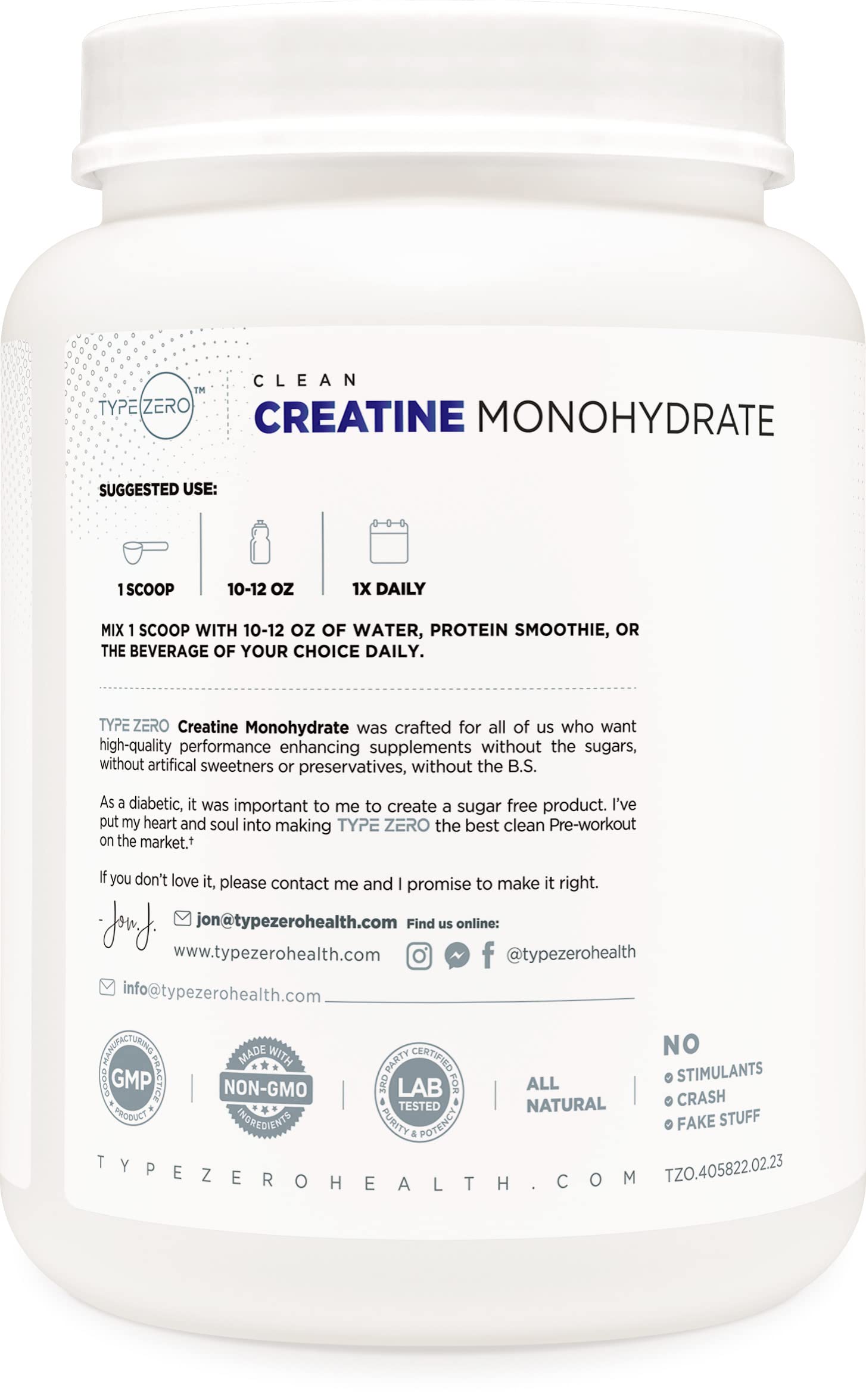 Type Zero Creatine Monohydrate serving scoop included for precise 5 g portions