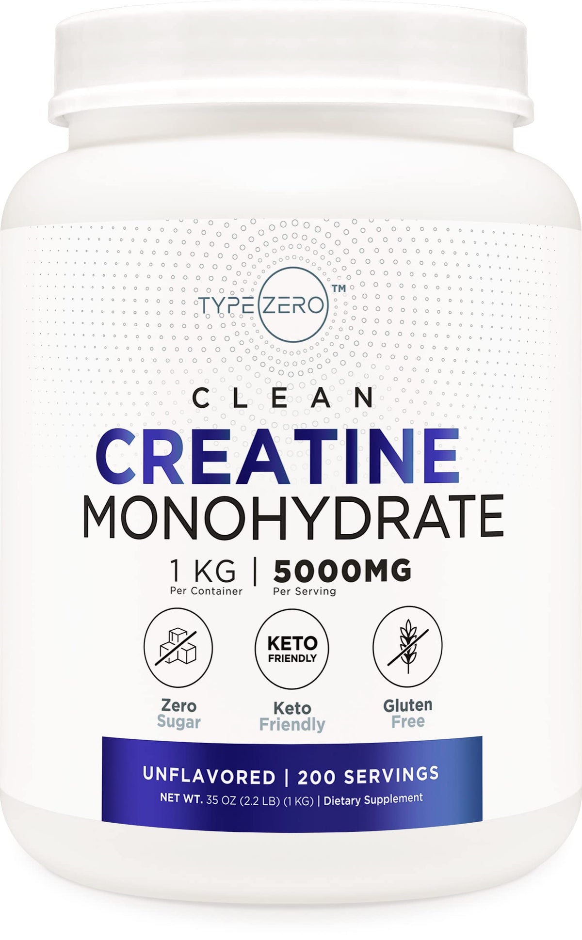 Type Zero Creatine Monohydrate unflavored bottle shows 1 kg for consistent dosing