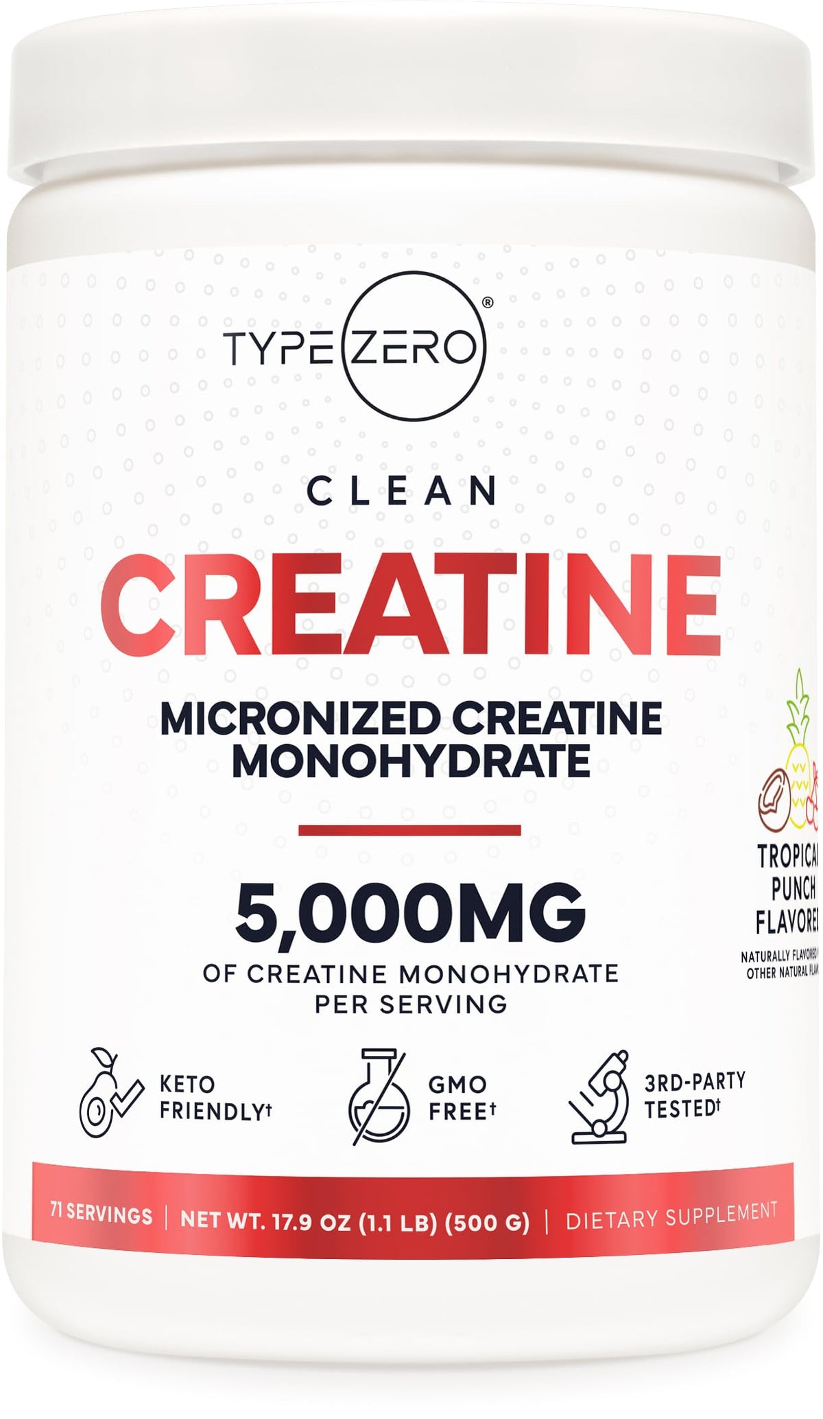 Type Zero Creatine Monohydrate Tropical Punch bottle for daily supplementation