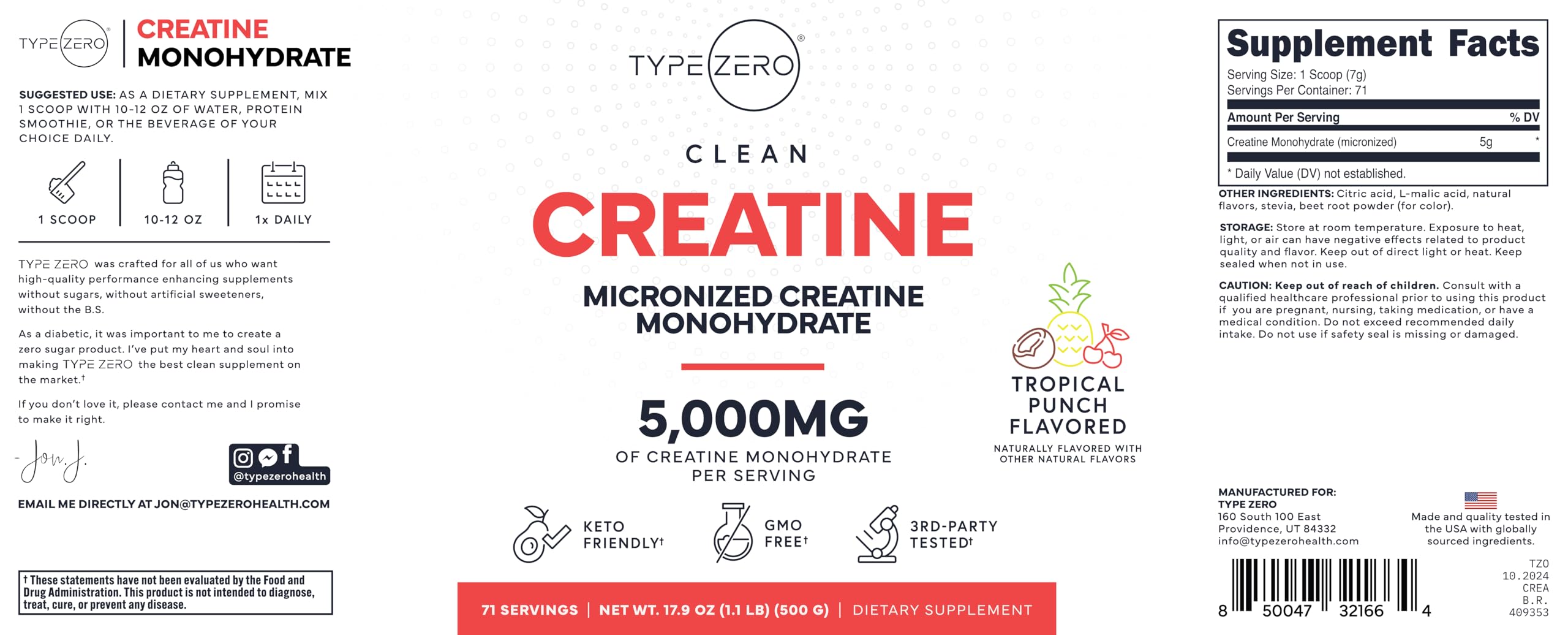 Type Zero Creatine Tropical Punch powder being poured into a shaker