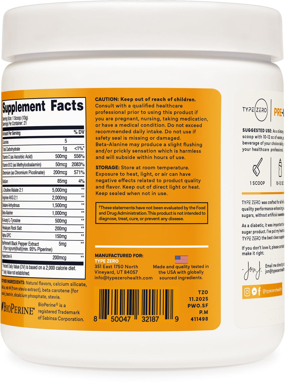 Type Zero ingredients citrulline malate and arginine close-up.