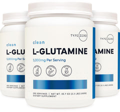 Type Zero L-Glutamine container emphasizes 200 servings and six-month supply.