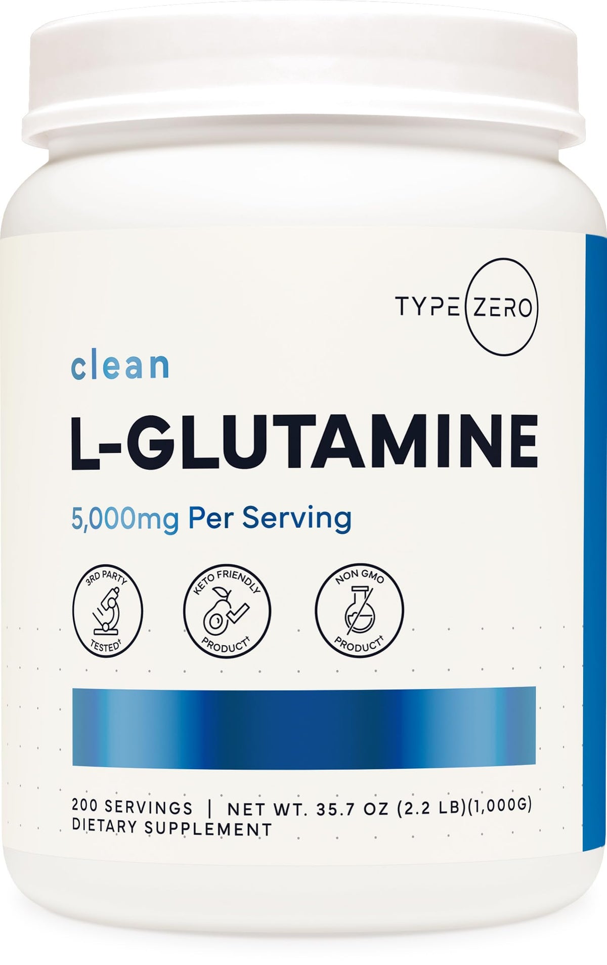 Type Zero L-Glutamine bottle supports gut health and daily recovery.