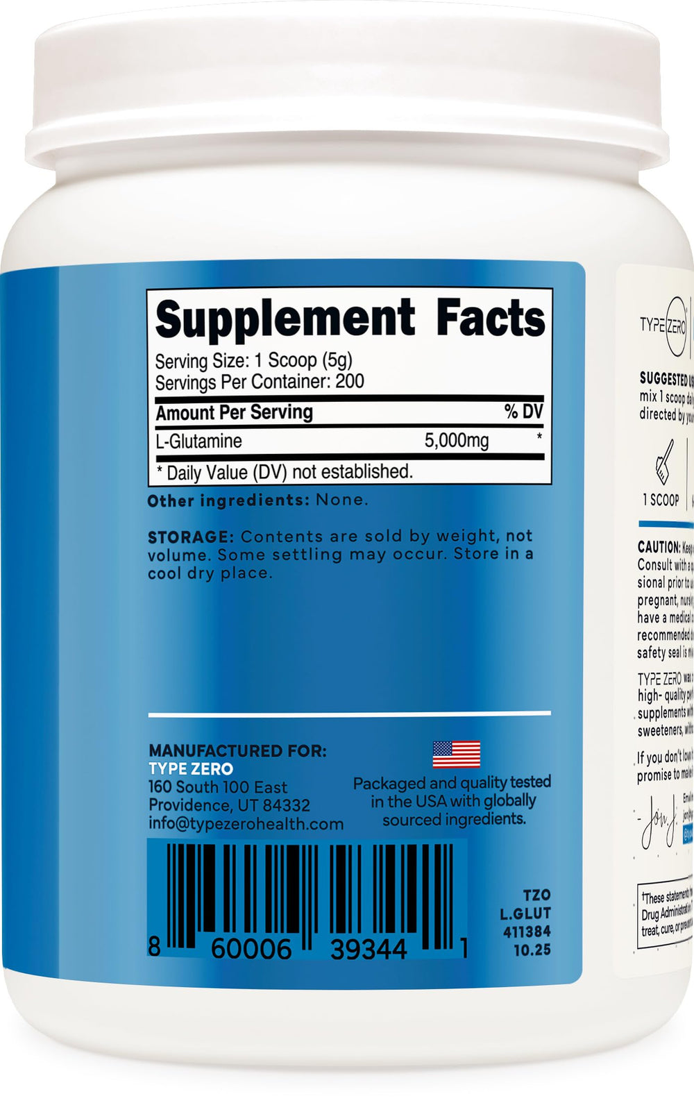 Type Zero L-Glutamine label highlights vegan, gluten-free, no fillers.
