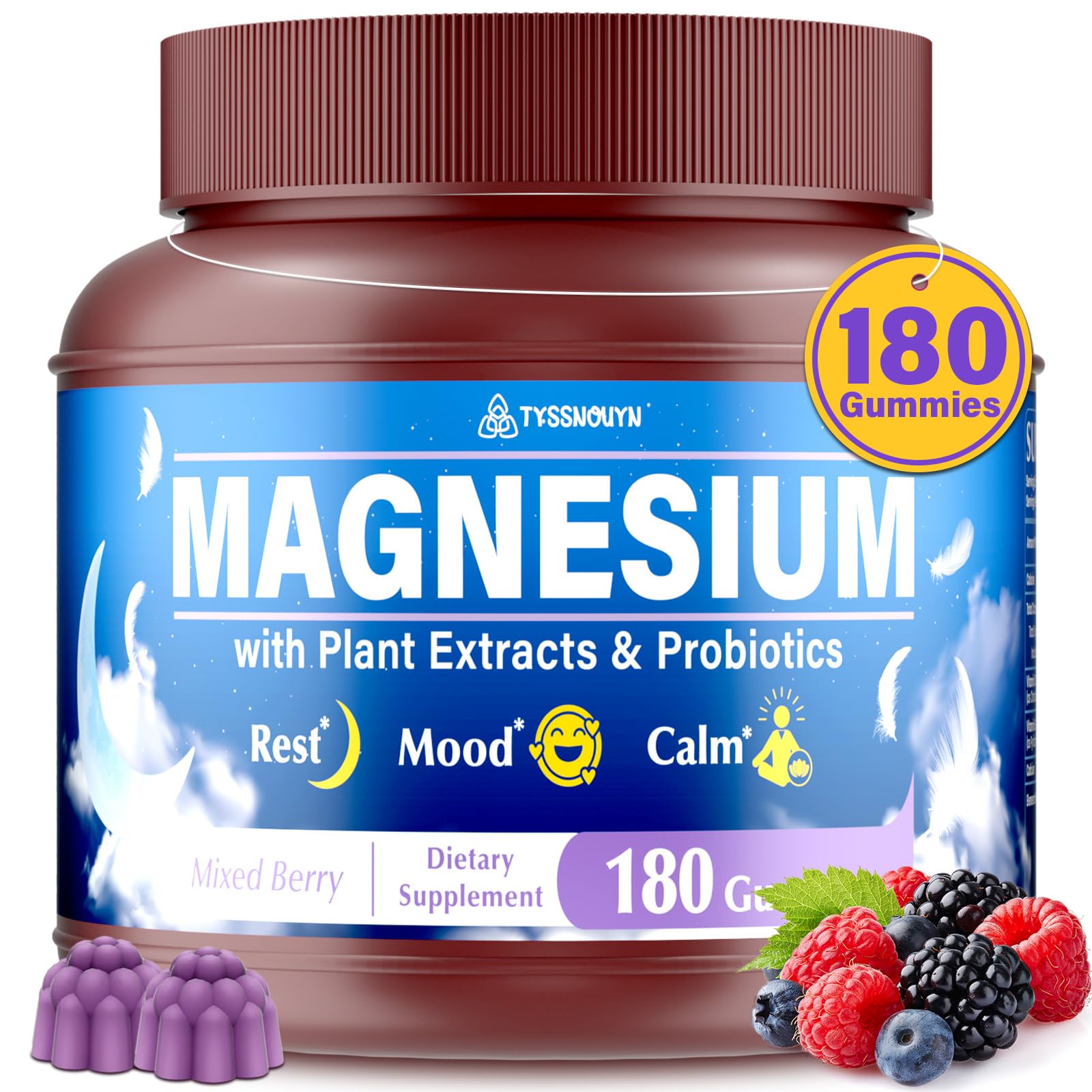 Tyssnouyn Magnesium Gummies bottle front showing calm, restful potential