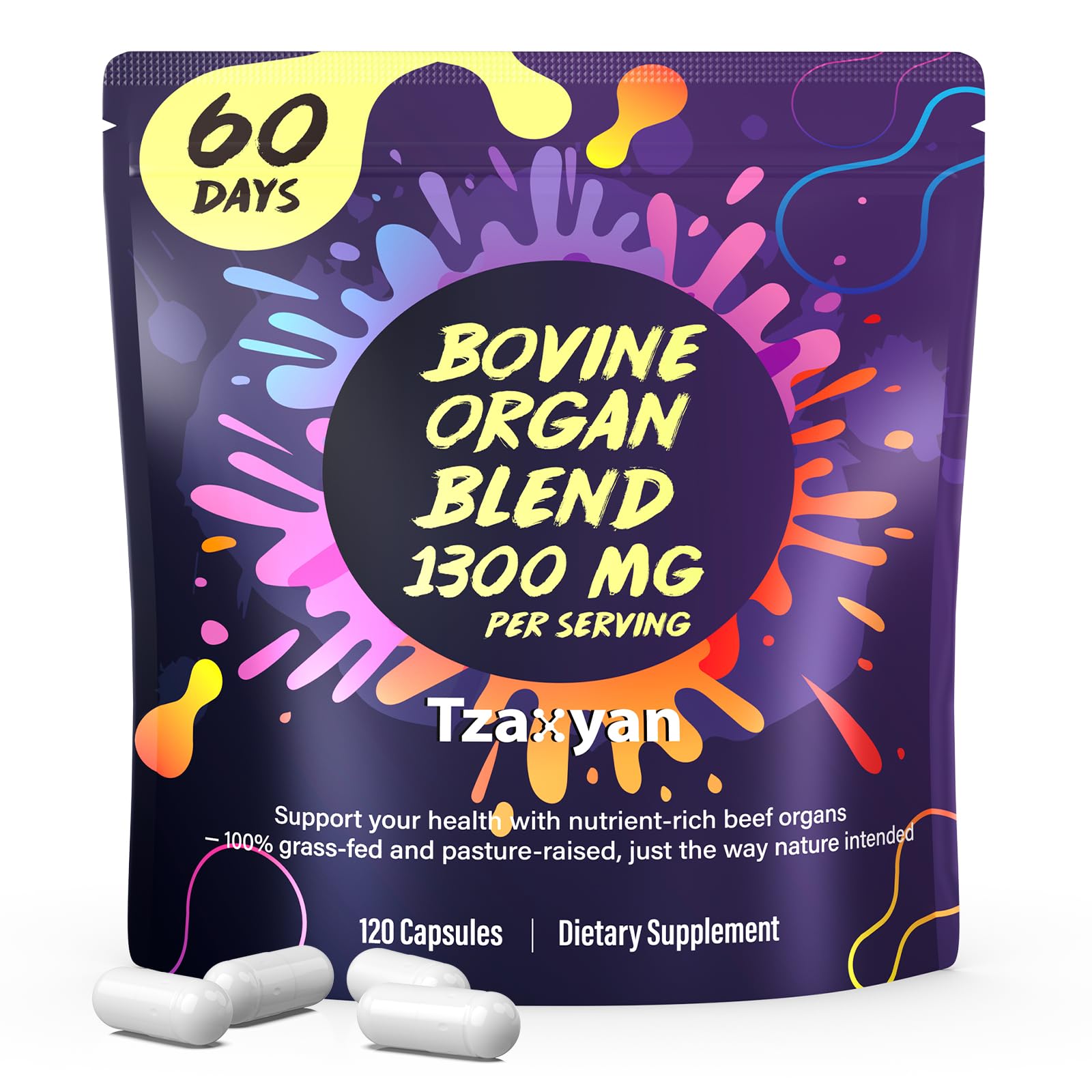 tzaxyan 1300mg beef organ supplement bottle front supporting daily energy and balance