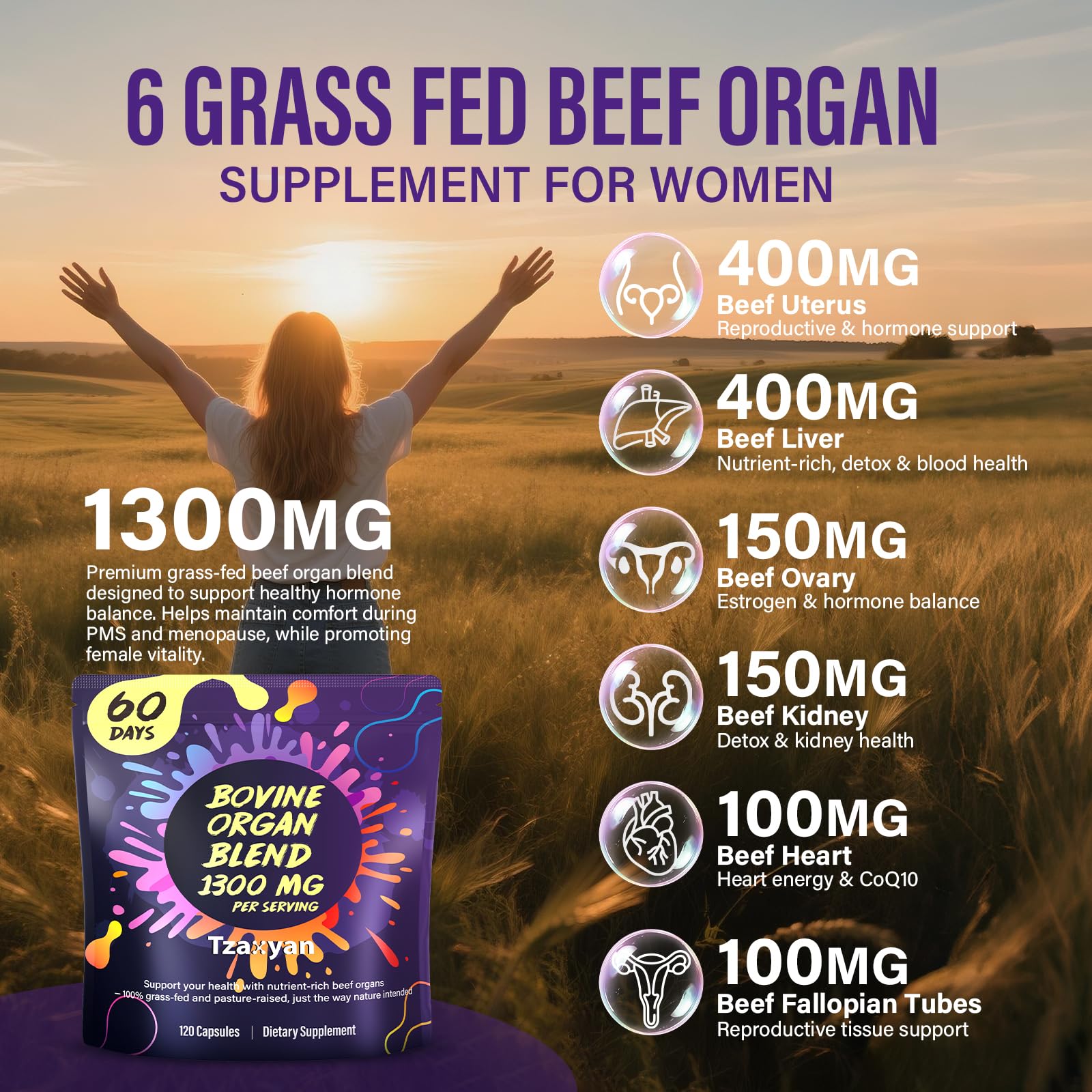 tzaxyan 1300mg beef organ supplement grass-fed cattle photo emphasizing natural sourcing
