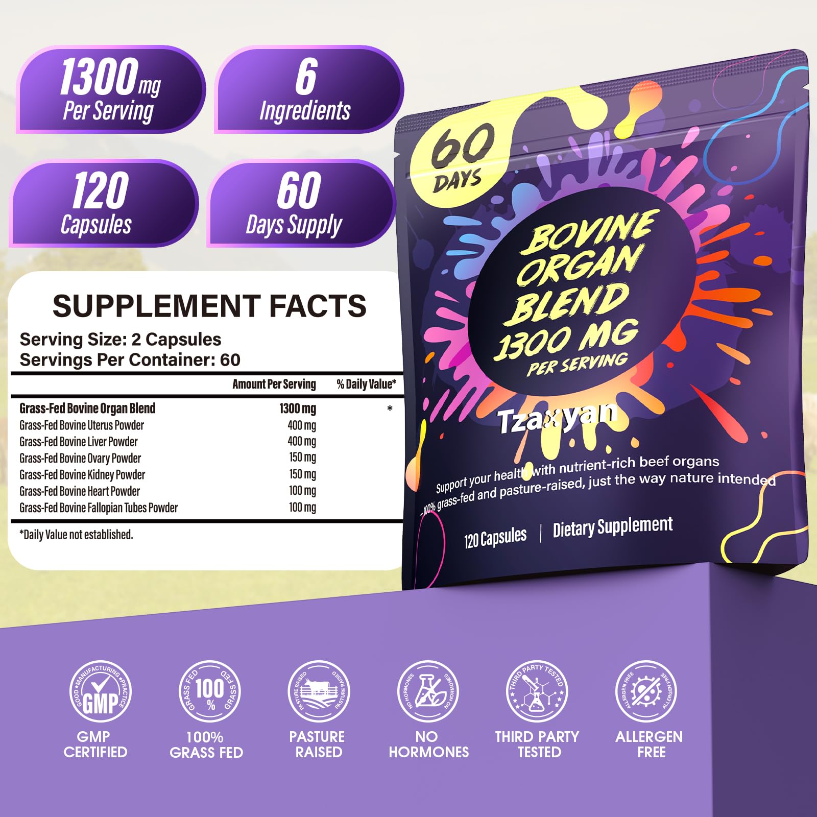 tzaxyan 1300mg beef organ supplement natural packaging conveying clean, pure nutrition