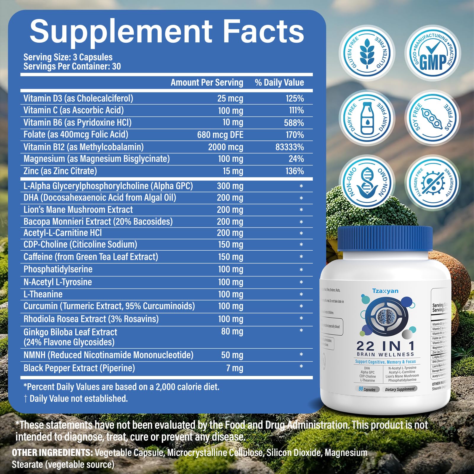 tzaxyan 22-in-1 blend bottle: protects against oxidative stress and promotes cognitive vitality