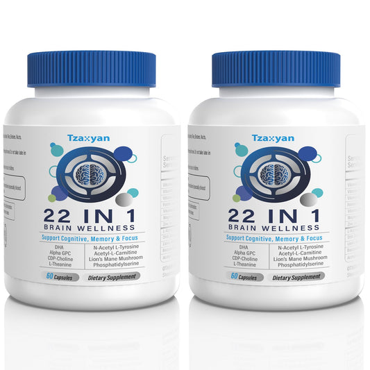 tzaxyan Brain Supplements bottle on white background for daily memory support.