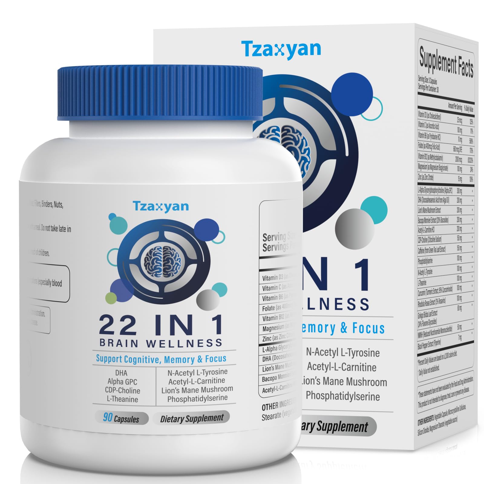 tzaxyan brain supplements bottle: supports daily memory and focus for busy professionals