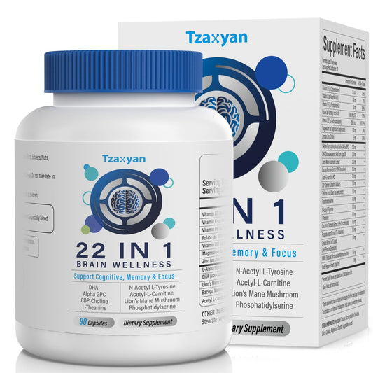 tzaxyan brain supplements bottle: supports daily memory and focus for busy professionals
