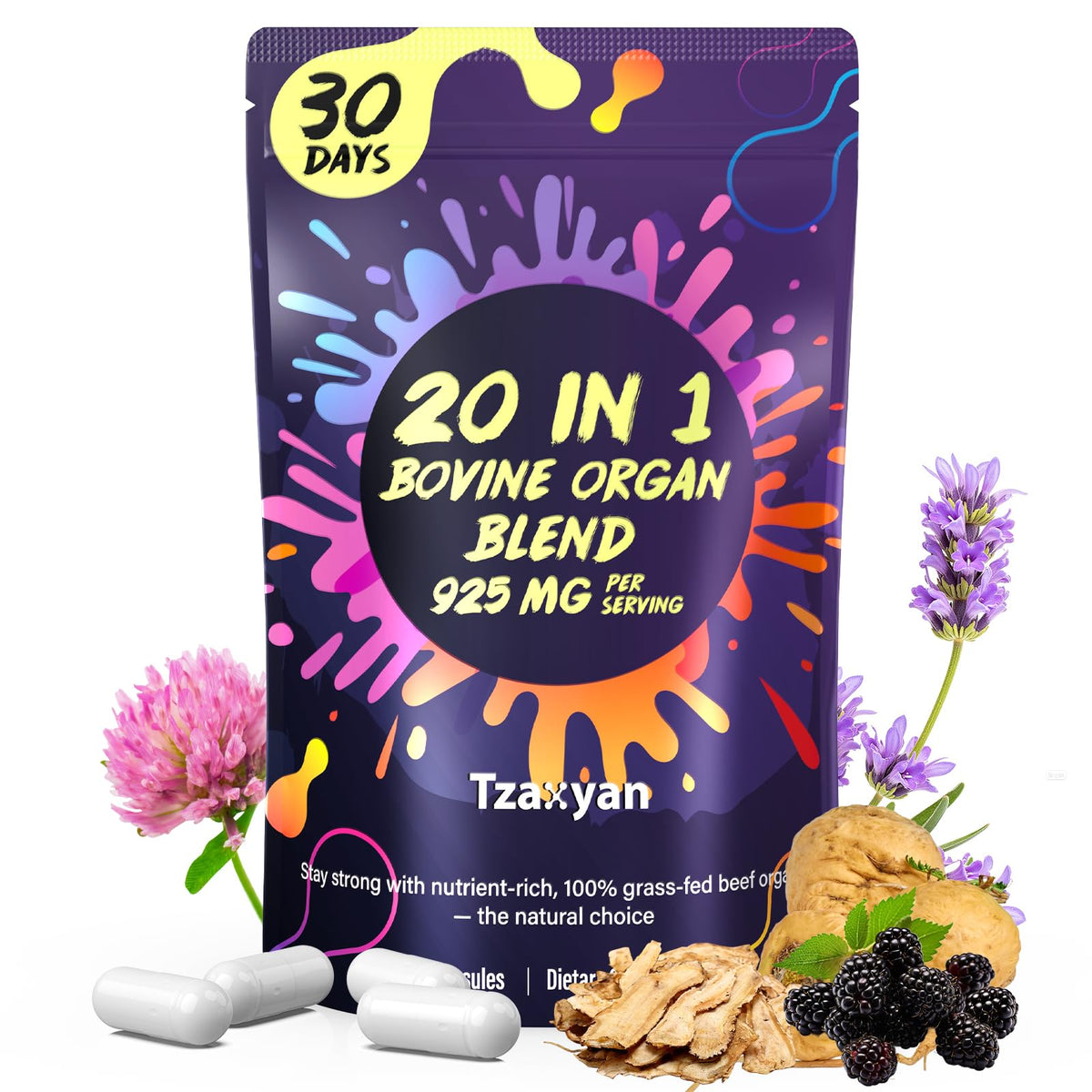 tzaxyan 20-in-1 beef organ grass-fed liver capsules close-up highlighting vital nutrients for energy