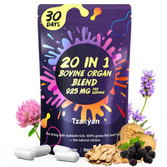 tzaxyan 20-in-1 beef organ grass-fed liver capsules close-up highlighting vital nutrients for energy