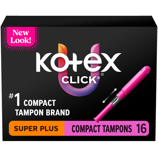 U by Kotex Click compact tampons in 128-count packaging for on-the-go protection