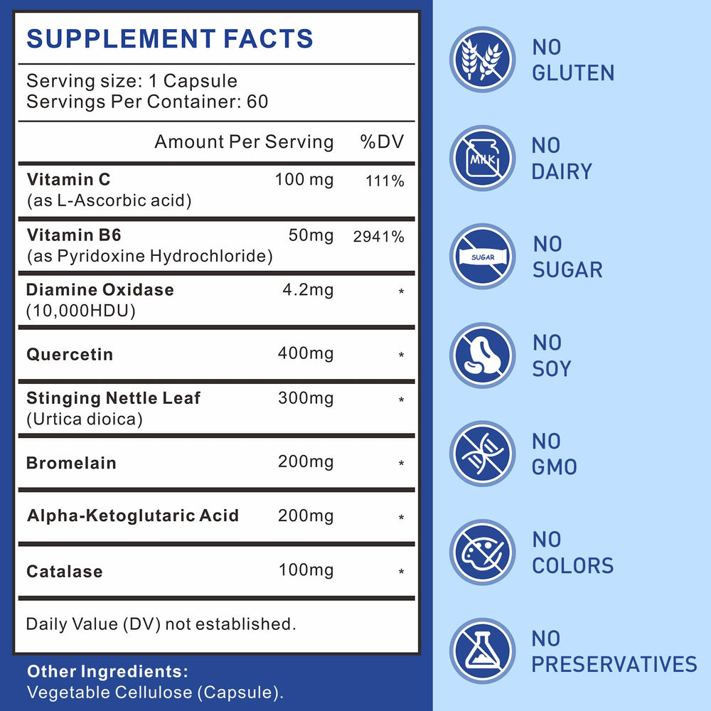Closeup of capsules highlights the USA-made DAO enzyme for comfortable meals.