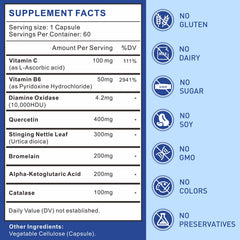 Closeup of capsules highlights the USA-made DAO enzyme for comfortable meals.