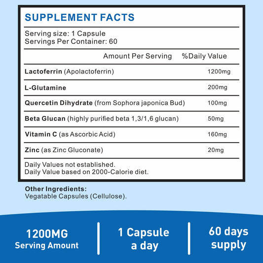 Uarcool Lactoferrin 1200mg bottle back label showing gluten-free vegetarian formula