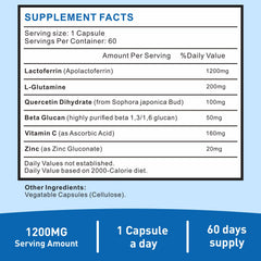 Uarcool Lactoferrin 1200mg bottle back label showing gluten-free vegetarian formula